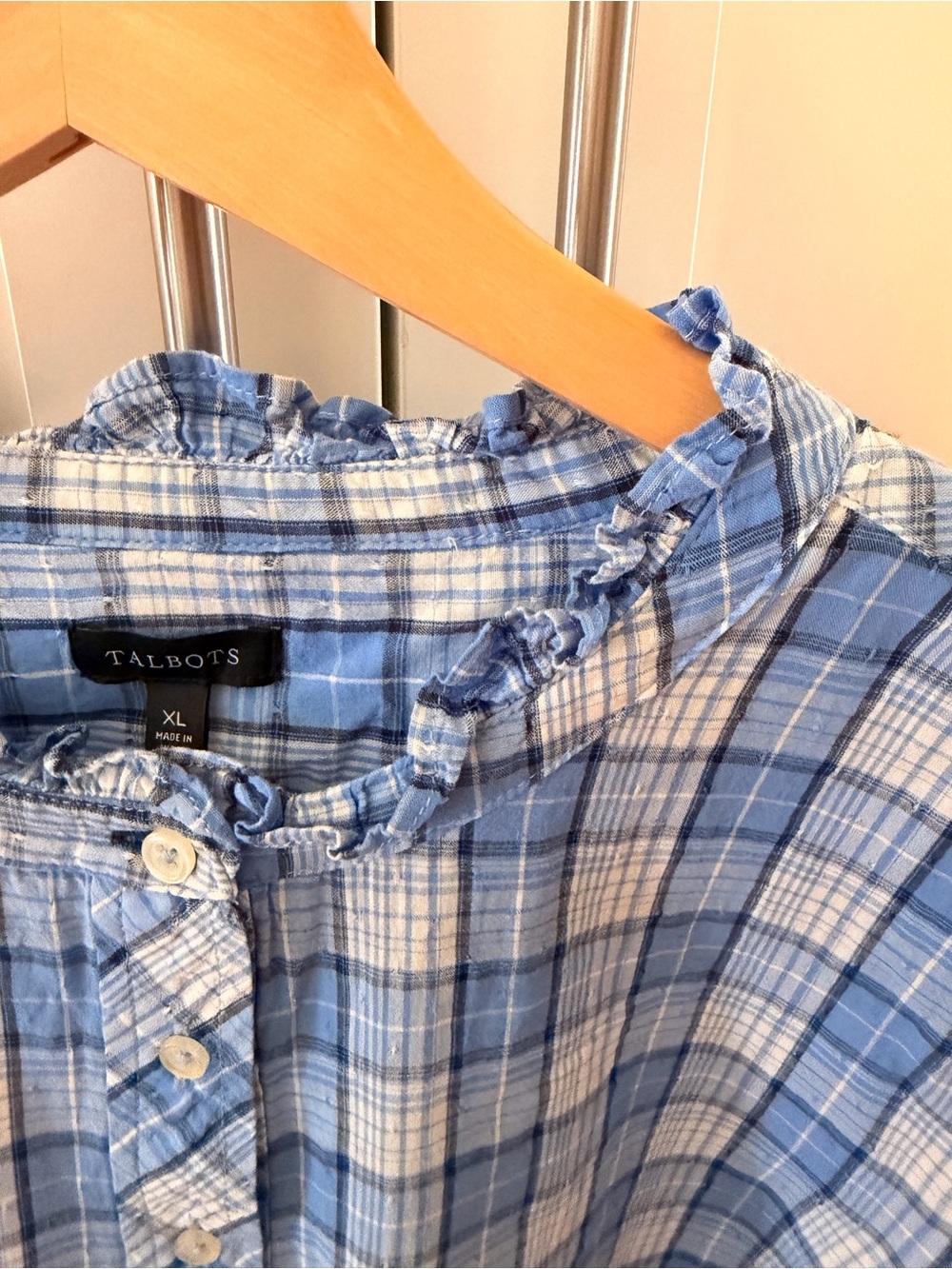 Talbots Blue Plaid Ruffle-Collar Button-Front Shirt - Picture 4 of 8